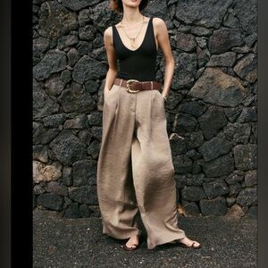 Zara Beige Wide-Leg 100% linen Pants